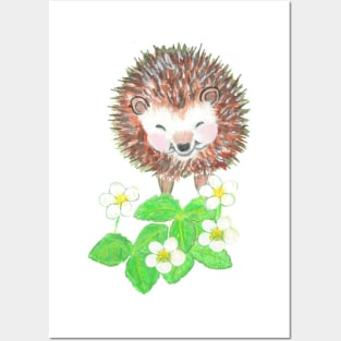 Young Hedgehog & Wild Strawberry Flowers Posters and Art